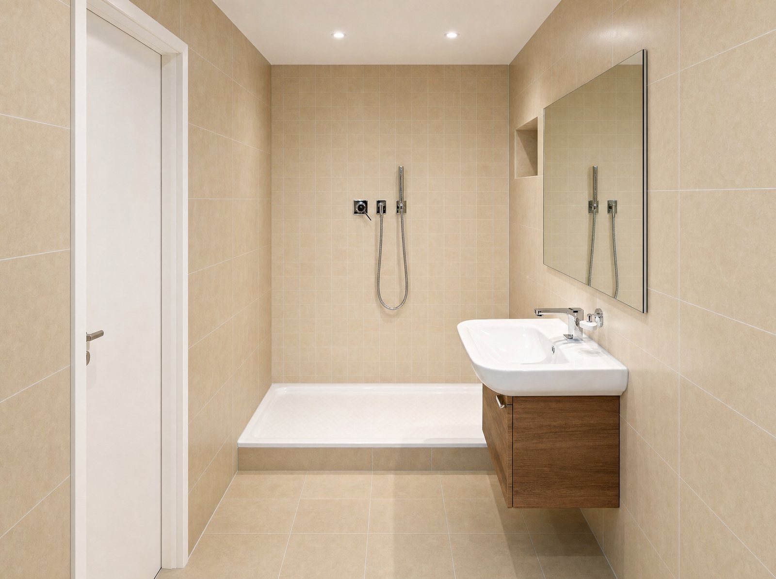 Vom Betrieb gebautes Bad mit Dusche und Waschtisch
